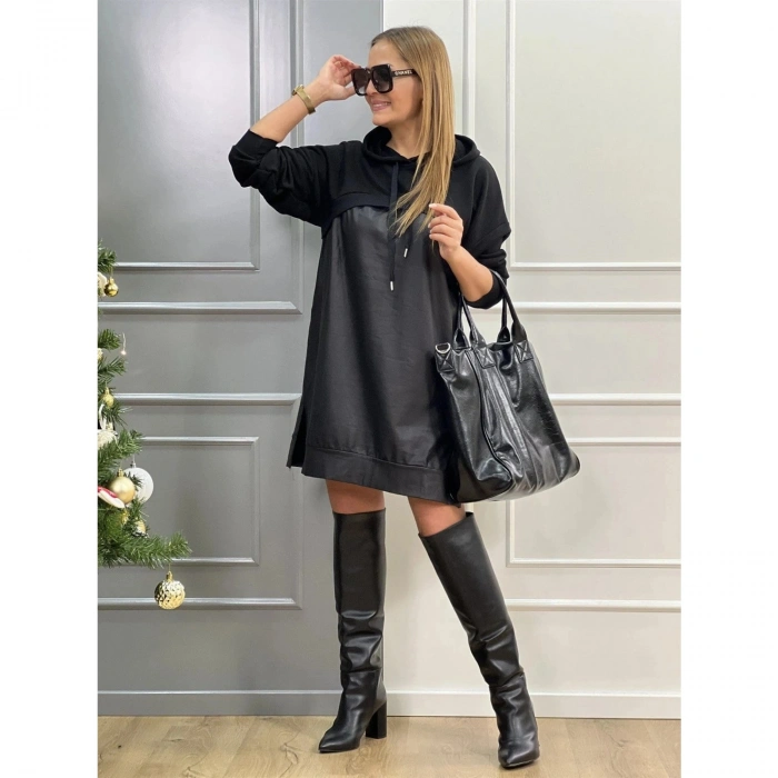 Kadın Uzun Kollu Kapüşon Ve Deri Detay Diz üstü Elbise