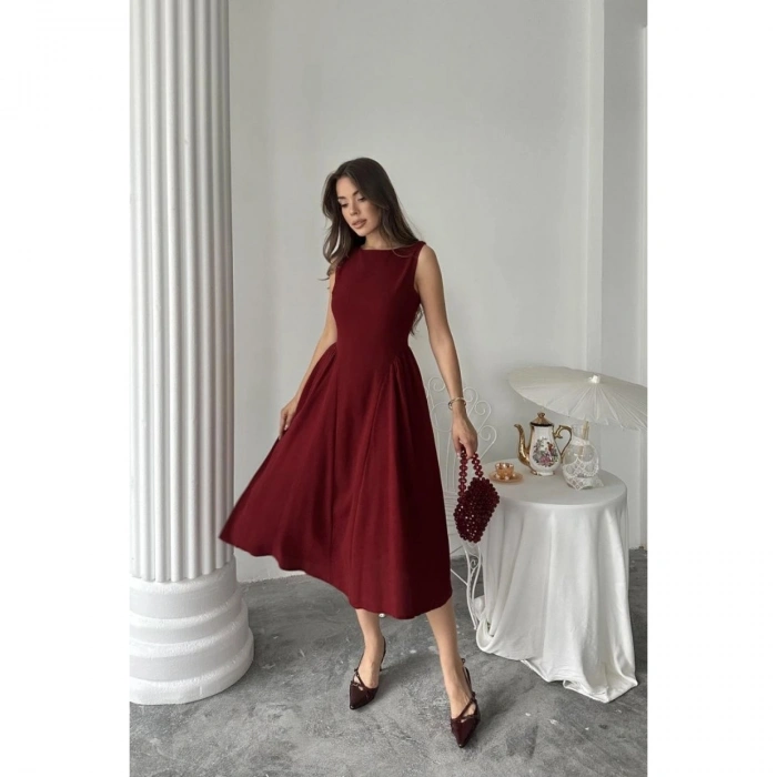 Pembe Yanları Büzgülü Midi Boy Keten Elbise