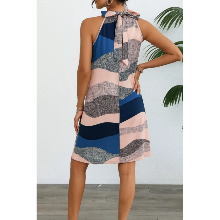 Kadın Kolsuz Boyundan Askılı Desenli Midi Süprem Elbise