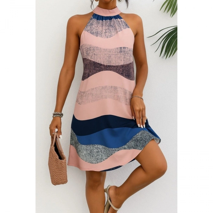 Kadın Kolsuz Boyundan Askılı Desenli Midi Süprem Elbise