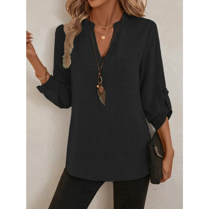 Kadın Truvakar Kol V Yakalı Keten Bluz