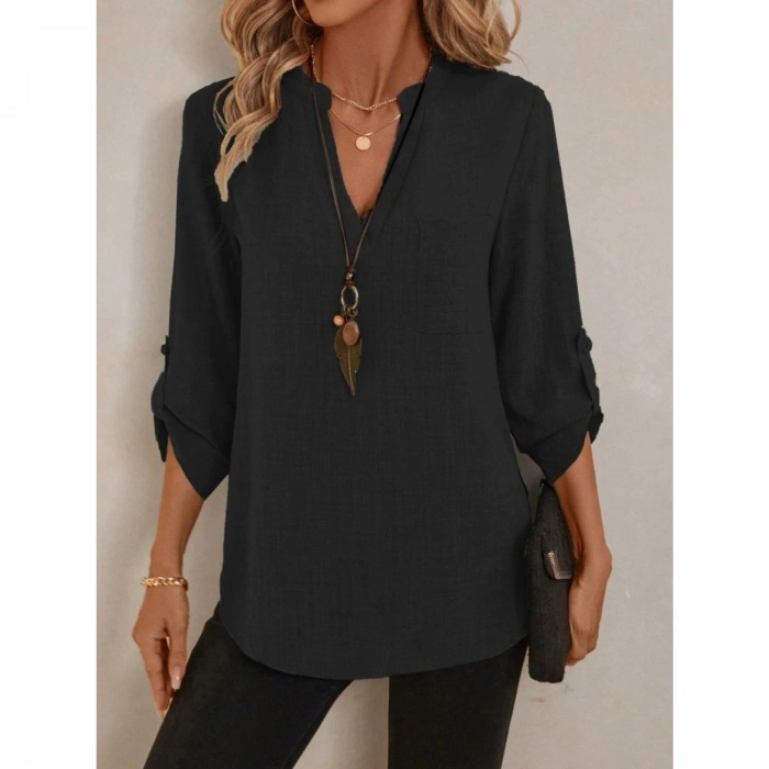 Kadın Truvakar Kol V Yakalı Keten Bluz