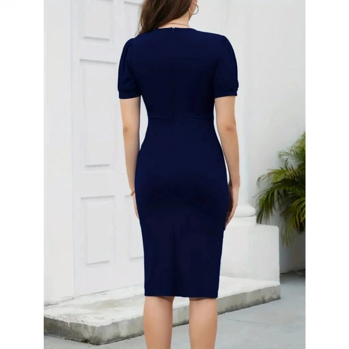 Kadın Kısa Kollu V Yakalı önden Fırfırlı Ithal Krep Elbise