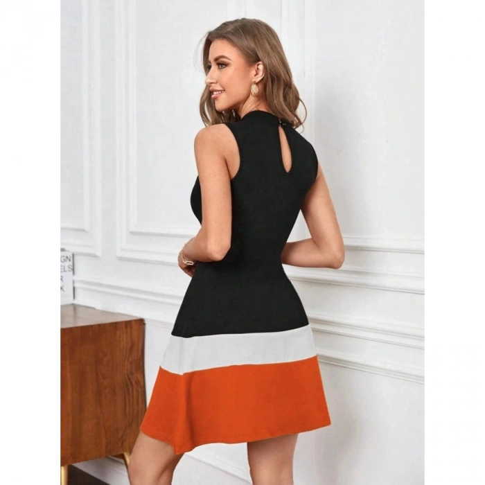 Kadın Sıfır Kol Yarı Balıkçı Yaka şerit Detaylı Ithal Krep Elbise