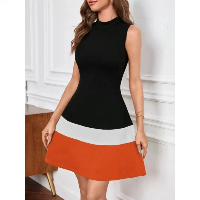 Kadın Sıfır Kol Yarı Balıkçı Yaka şerit Detaylı Ithal Krep Elbise