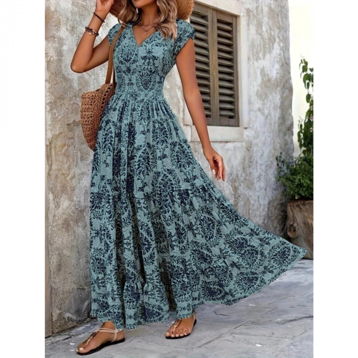 Kadın Kısa Kollu Kruvaze Yaka Beli Lastikli Süprem Maksi Boy Elbise