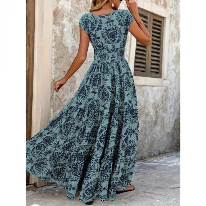 Kadın Kısa Kollu Kruvaze Yaka Beli Lastikli Süprem Maksi Boy Elbise