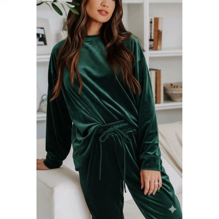 Kadın Uzun Kollu Yuvarlak Yakalı Kadife Bluz Ve Pantolon Takım