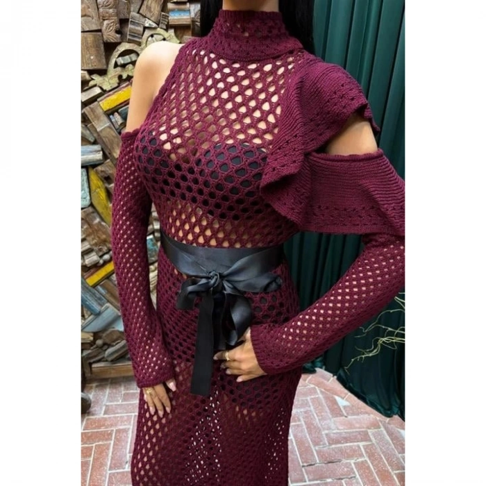 Saten Kuşaklı Ajurlu Triko Elbise 2847