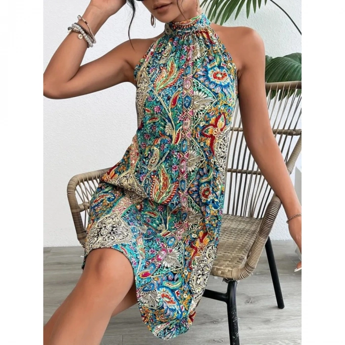 Kadın Sıfır Kol Boyundan Askılı Desenli Midi Süprem Elbise