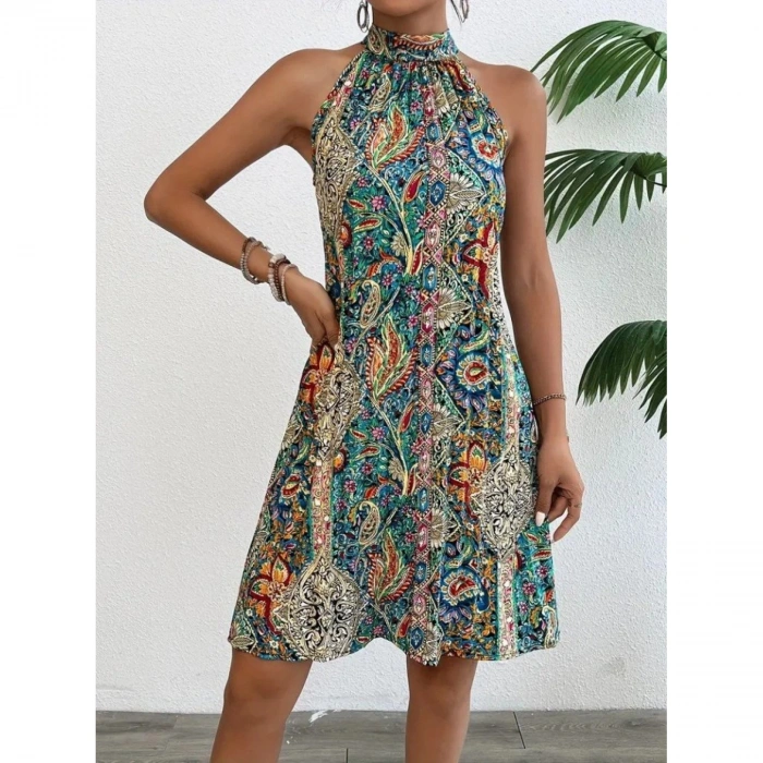 Kadın Sıfır Kol Boyundan Askılı Desenli Midi Süprem Elbise