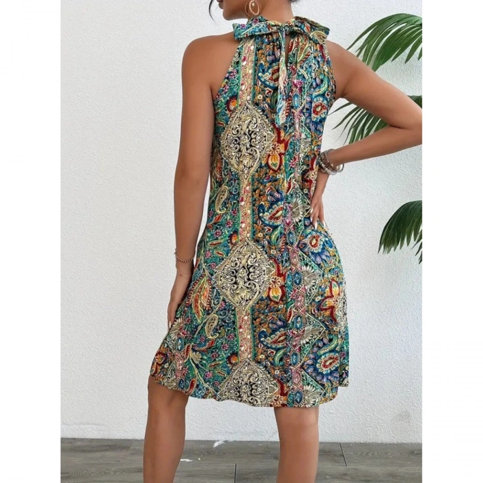 Kadın Sıfır Kol Boyundan Askılı Desenli Midi Süprem Elbise