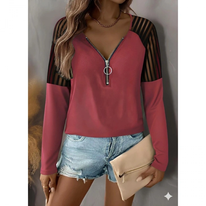 Kadın Uzun Kollu Yakadan Fermuarlı Viskon Bluz