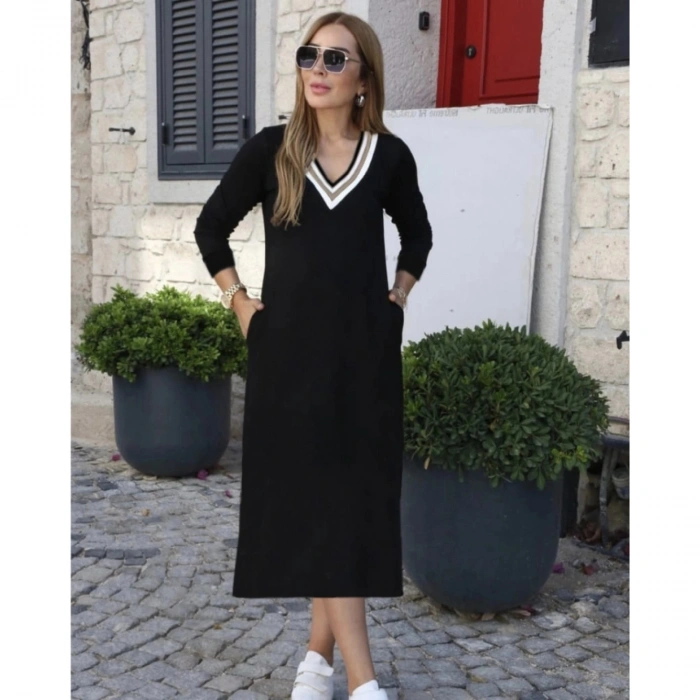 Kadın Uzun Kollu V şerit Yakalı Viskon Iki Iplik Elbise