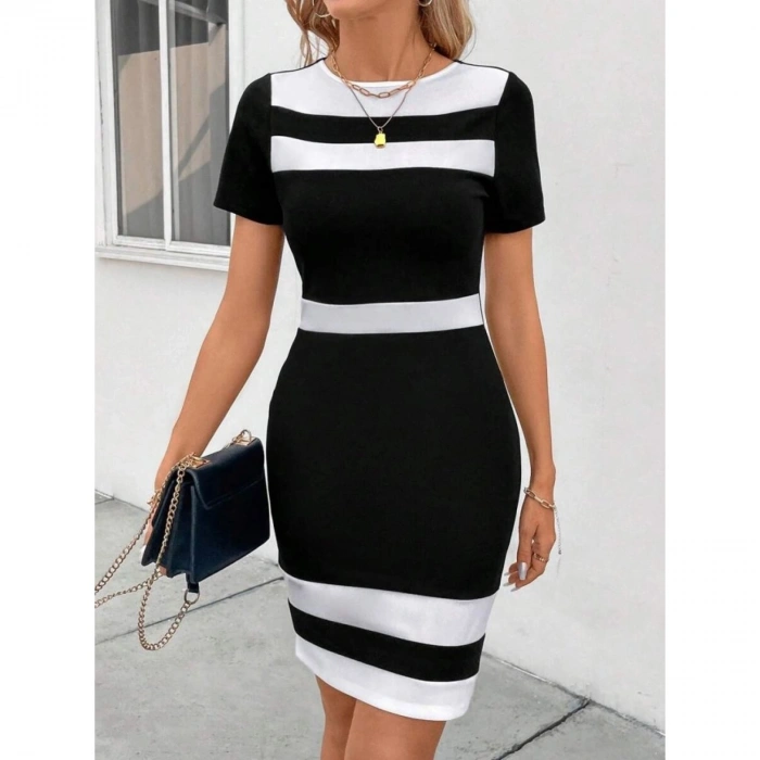 Kadın Kısa Kollu Bisiklet Yaka çift Renkli Ithal Krep Elbise