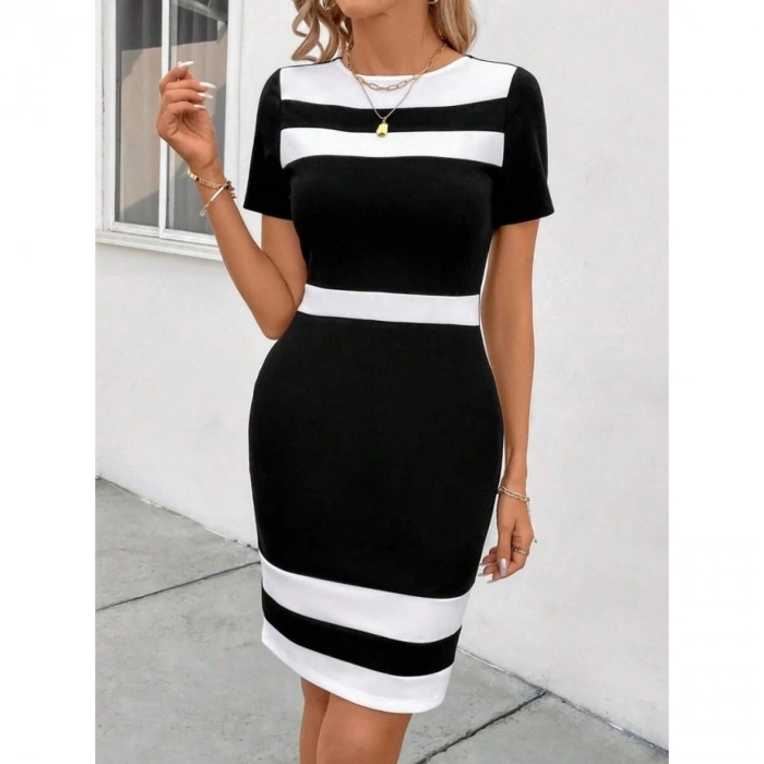 Kadın Kısa Kollu Bisiklet Yaka çift Renkli Ithal Krep Elbise