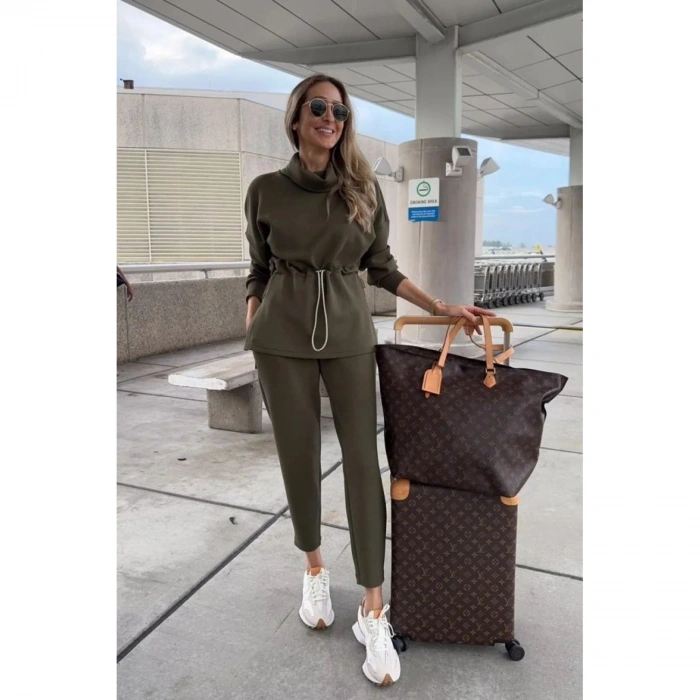 Kadın Uzun Kollu Balıkçı Yaka Belden Lastikli Modal Bluz Ve Pantolon Ikili Takım