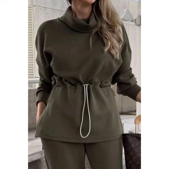 Kadın Uzun Kollu Balıkçı Yaka Belden Lastikli Modal Bluz Ve Pantolon Ikili Takım