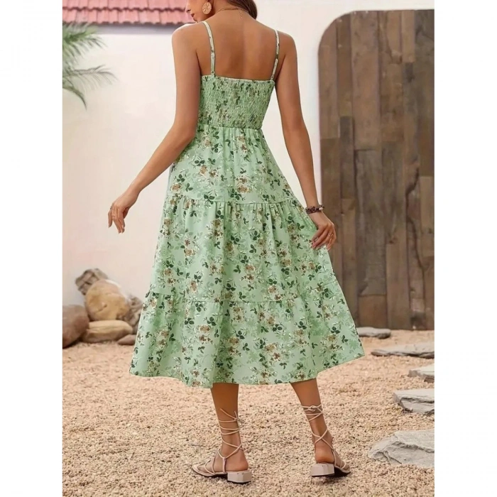 Kadın Ip Askılı Geniş V Yakalı Desenli Uzun Süprem Elbise