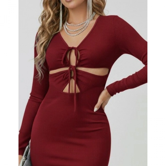 Kadın Uzun Kollu Göğüs Ve Göbek Dekolte Detay Sandy Midi Boy Elbise