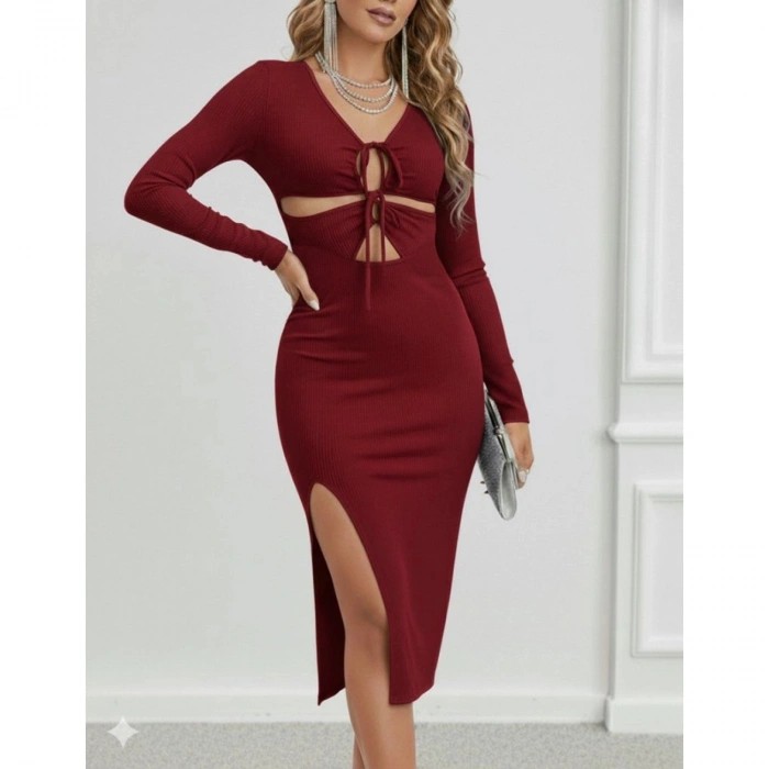 Kadın Uzun Kollu Göğüs Ve Göbek Dekolte Detay Sandy Midi Boy Elbise