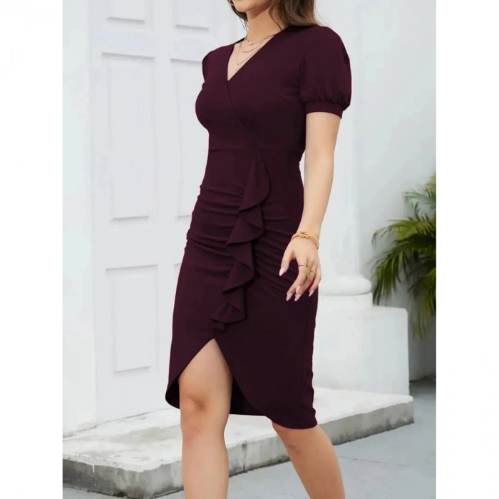 Kadın Kısa Kollu V Yakalı önden Fırfırlı Ithal Krep Elbise