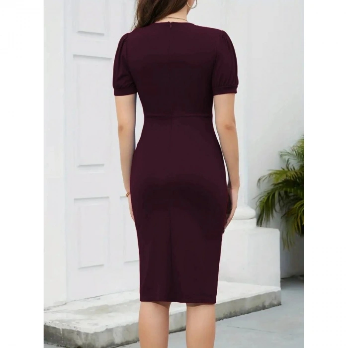 Kadın Kısa Kollu V Yakalı önden Fırfırlı Ithal Krep Elbise