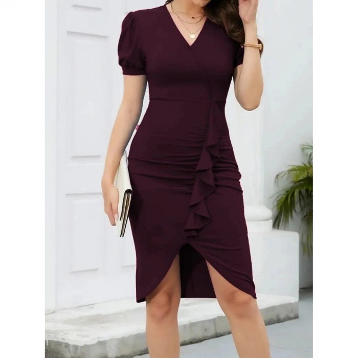 Kadın Kısa Kollu V Yakalı önden Fırfırlı Ithal Krep Elbise