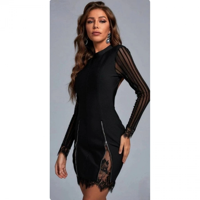 Kadın Kolları Ve Etek Ucu Dantel Detay Fermuar Dekolteli Skuba Kumaş Mini Elbise