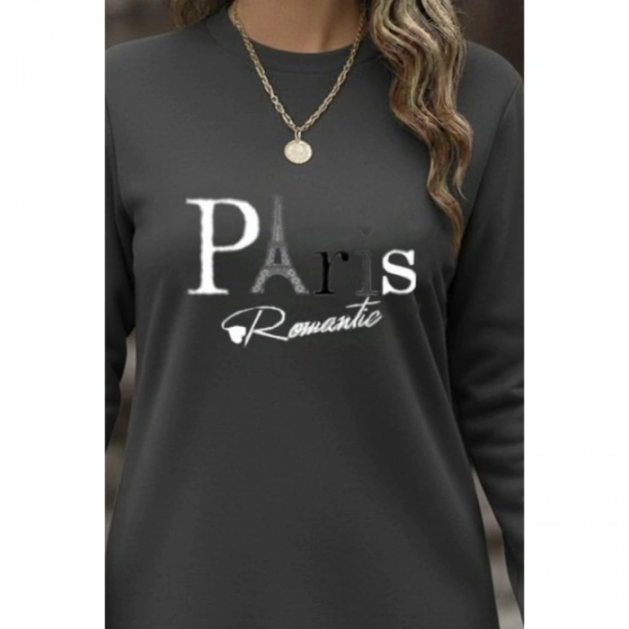 Kadın Uzun Kollu Bisiklet Yaka Yazılı Kısa Viskon Iki Iplik Elbise