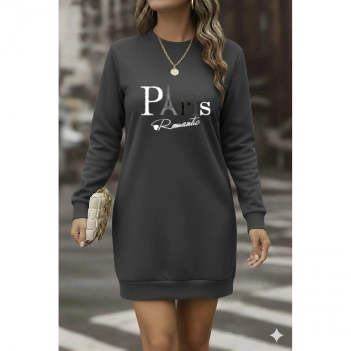 Kadın Uzun Kollu Bisiklet Yaka Yazılı Kısa Viskon Iki Iplik Elbise