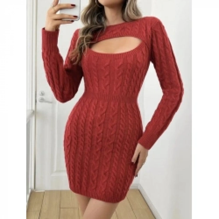 Kadın Uzun Kollu Yarı Balıkçı Yaka Pencere Göğüs Detay Mini Triko Elbise