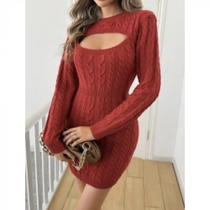 Kadın Uzun Kollu Yarı Balıkçı Yaka Pencere Göğüs Detay Mini Triko Elbise