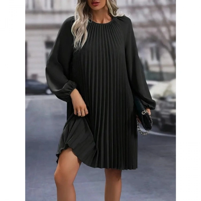 Kadın Uzun Kollu Yuvarlak Yaka Pileli Salaş Mini Ithal Krep Elbise