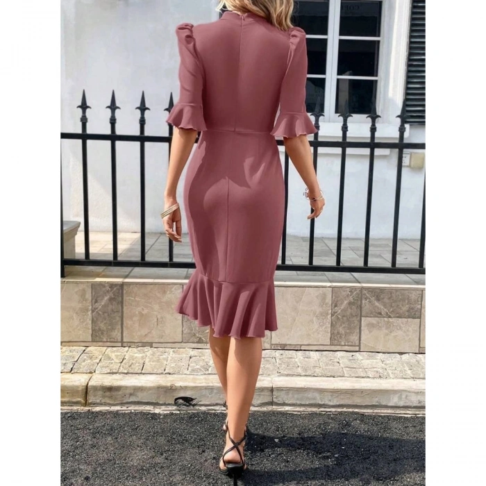 Kadın Kısa Kollu Yarı Balıkçı Yakalı Etek Ucu Fırfırlı Midi Ithal Krep Elbise