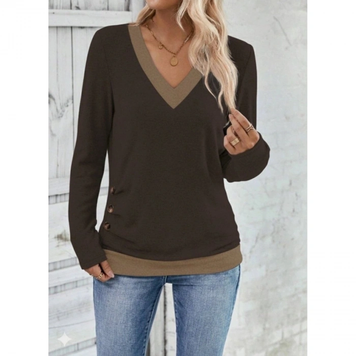Kadın Uzun Kollu V Yakalı Yandan Düğmeli Yün Viskon Bluz