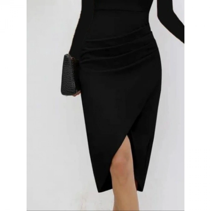 Kadın Uzun Kollu Kalp Yaka önden çapraz Detaylı Midi Ithal Krep Elbise