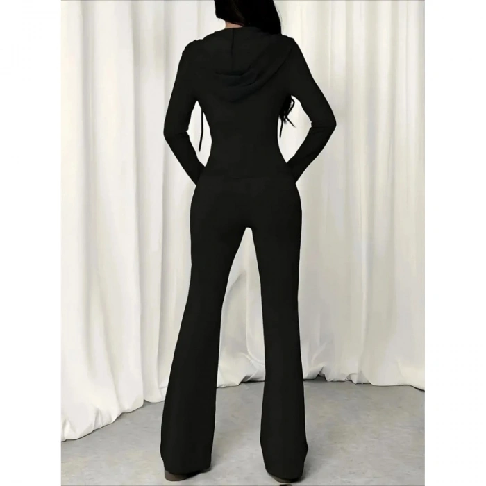 Kadın Uzun Kollu Kapşonlu Bağcıklı önü Fermuarlı Viskon Iki Iplik Bluz Ve Pantolon Ikili Takım