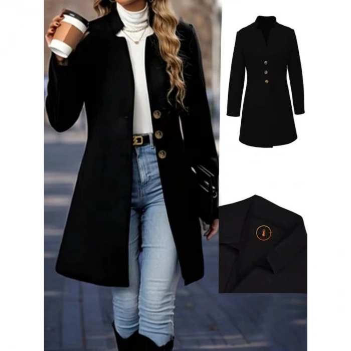 Kadın Uzun Kollu Hakim Yakalı önden Düğmeli Ithal Kaşe Astarsız Kısa Kaban