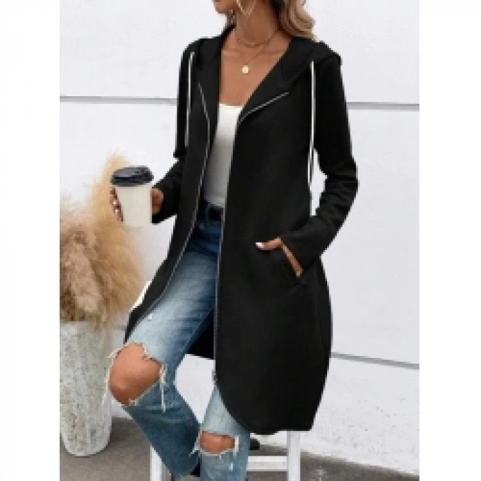 Kadın Uzun Kollu Kapşonlu önden Fermuarlı Midi Dalgıç Ceket