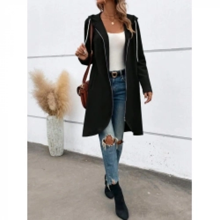 Kadın Uzun Kollu Kapşonlu önden Fermuarlı Midi Dalgıç Ceket