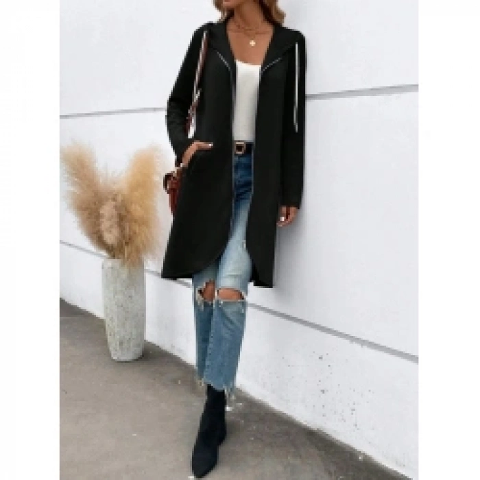 Kadın Uzun Kollu Kapşonlu önden Fermuarlı Midi Dalgıç Ceket