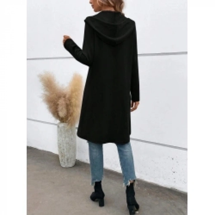 Kadın Uzun Kollu Kapşonlu önden Fermuarlı Midi Dalgıç Ceket