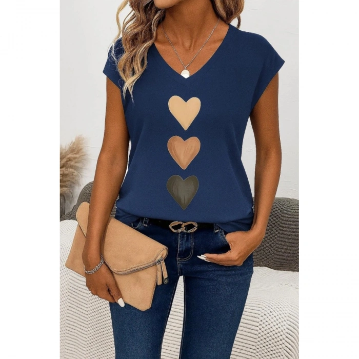 Kadın Kısa Kollu V Yakalı Kalp Desen Viskon Bluz