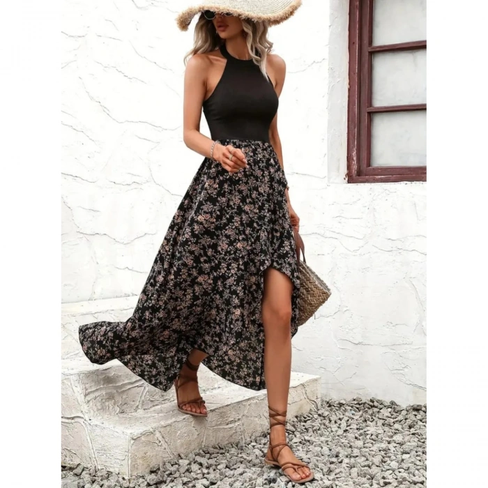 Kadın Reglan Kol Daire Yaka üst Viskon Alt Süprem Desenli Midi Elbise