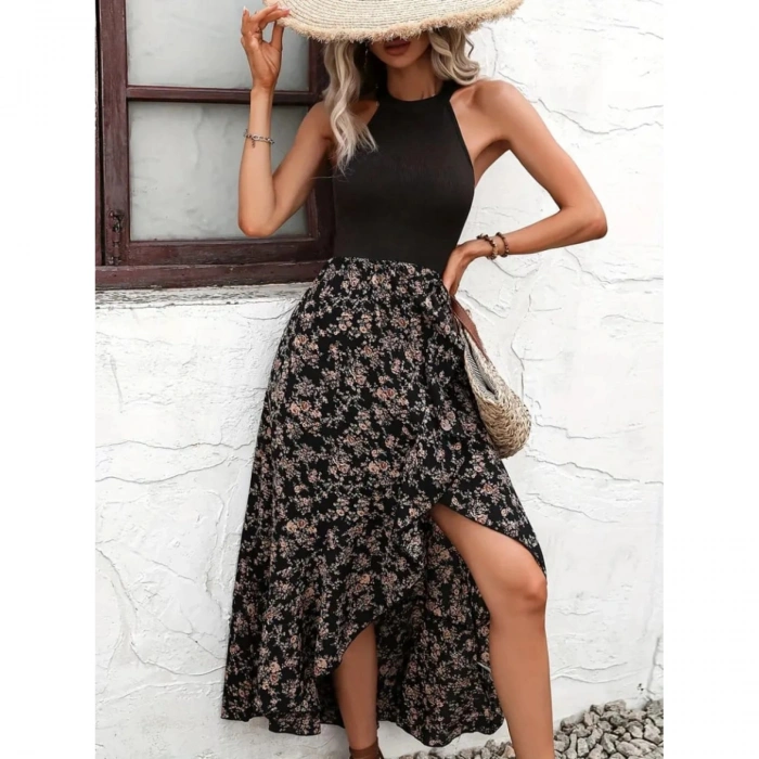 Kadın Reglan Kol Daire Yaka üst Viskon Alt Süprem Desenli Midi Elbise