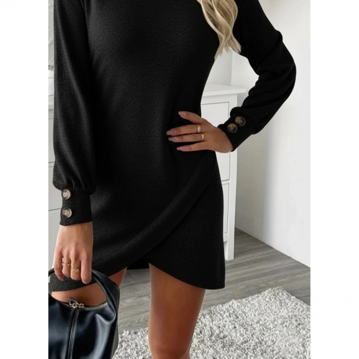 Kadın Uzun Kollu Bisiklet Yaka önden Asimetrik Kesim Detaylı Mini Yumoş Elbise