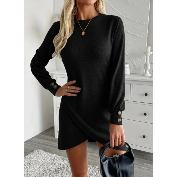 Kadın Uzun Kollu Bisiklet Yaka önden Asimetrik Kesim Detaylı Mini Yumoş Elbise