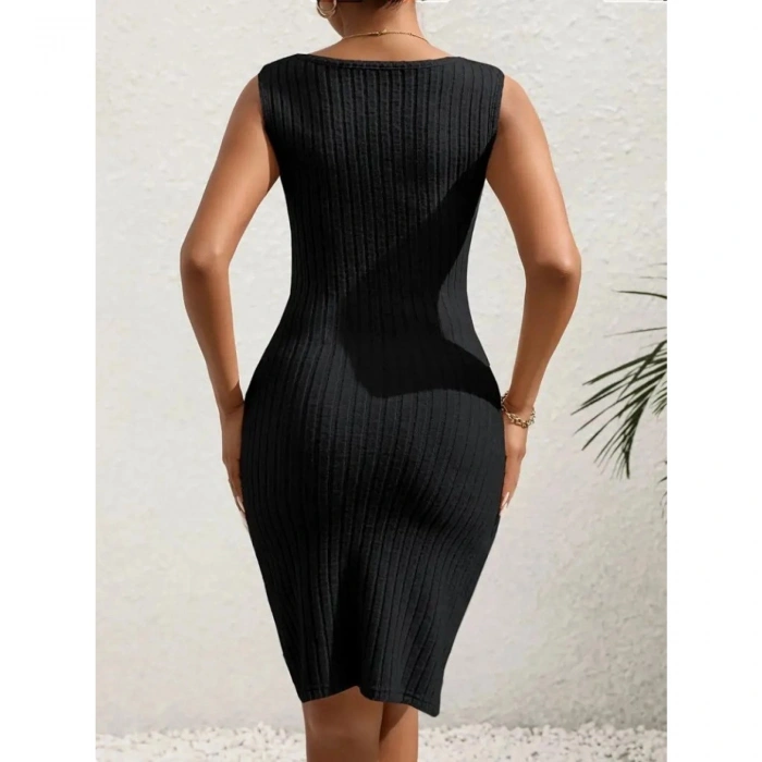 Kadın Askılı Kruvaze Yakalı Yandan Düğmeli önden Asimetrik Kesim Detaylı Kalın Fitilli Kaşkorse Elbise