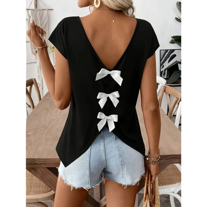 Kadın Kısa Kollu V Yakalı Arkadan Kurdele Detaylı Viskon Bluz